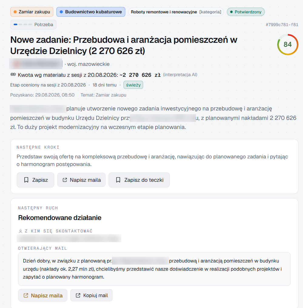 Karta sygnału w panelu Sigov: etap, kwota, ocena, następne kroki i gotowe otwarcie maila